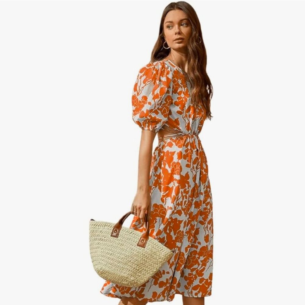 Sweaty Rocks Boho Orange Floral Puff Sleeve Midi Cutout Dress